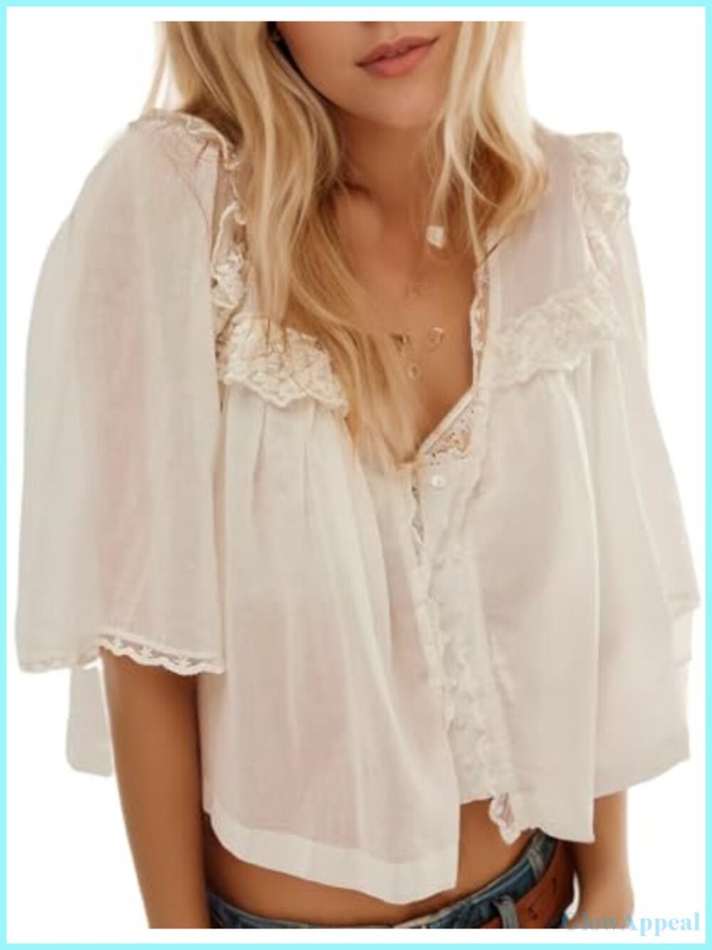 Womens Oversized Crop Boho Lace Half Sleeve V-Neck Button Down Blouse